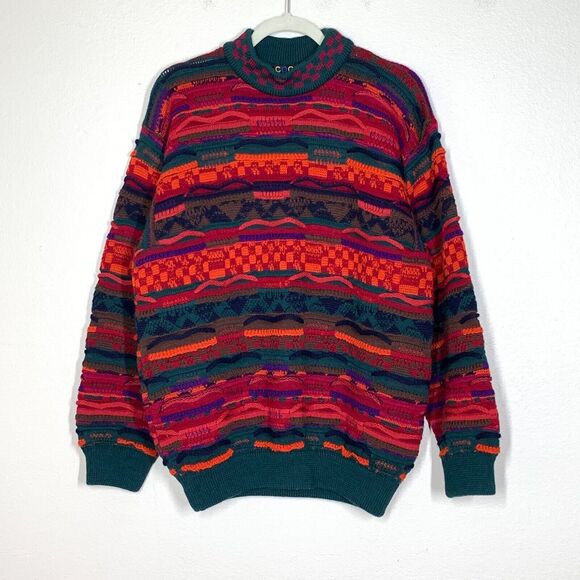 Coogi Australia 3D Knit Sweater Men's M Mock High Neck Green Orange Red Brown - Picture 1 of 8
